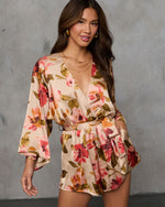 Cream Multi % Palm Canyon Satin Tie Waist Romper-3