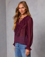 Wine % Prunella Ruffle Lace Up Top-3