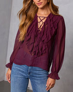 Wine % Prunella Ruffle Lace Up Top-5