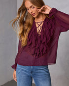 Wine % Prunella Ruffle Lace Up Top-1