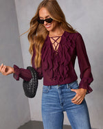 Wine % Prunella Ruffle Lace Up Top-6
