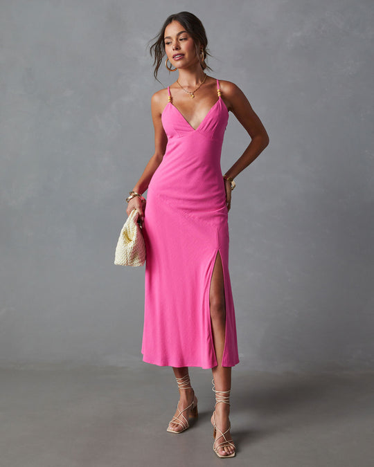 Pink % Liana Beaded V-Neck Midi Dress-1