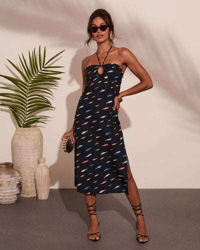 halter neck midi dress Marine Muse Fish Print Halter Neck Midi Dress in Black