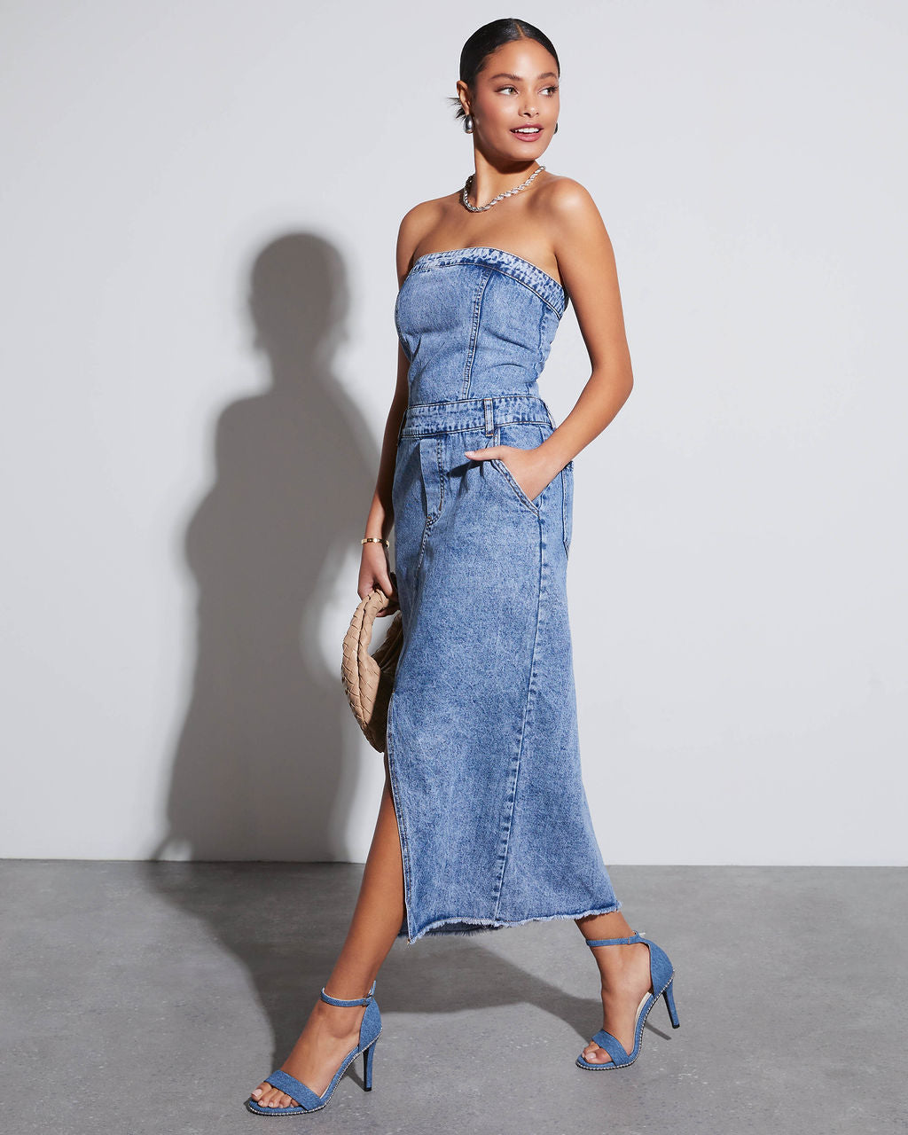 Topshop denim snaps midi dress in mid blue | ASOS