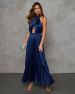 Navy % Mariena Halter Neck Plisse Maxi Dress-5
