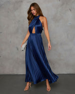 Navy % Mariena Halter Neck Plisse Maxi Dress-7