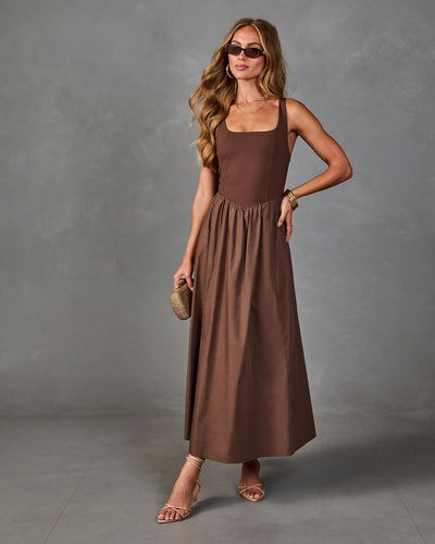 vici brown dress Timeless Charm Pleated Maxi in Lightweight crepe fabric takes