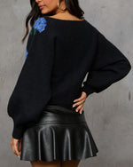 Black/Blue % Fall Roses Floral Pullover Sweater-4