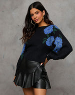 Black/Blue % Fall Roses Floral Pullover Sweater-3