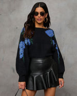 Black/Blue % Fall Roses Floral Pullover Sweater-1