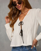 Love Lost Front Tie Pleated Peasant Blouse