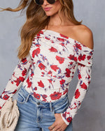 Cream Floral % Marilou One Shoulder Bodysuit-1