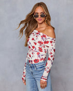 Cream Floral % Marilou One Shoulder Bodysuit-3