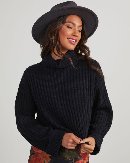 Black % Arielle Ribbed Knit Turtleneck Crop Sweater-2