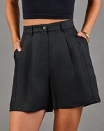 Midnight Minimal Pleated Linen High Rise Shorts
