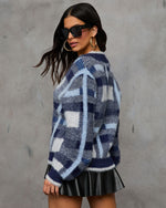 Navy % Taylor Plaid Fuzzy Knit Cardigan-4