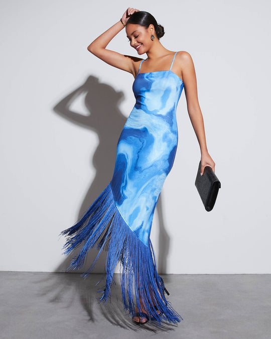 Blue Multi % Mckenzie Asymmetrical Fringe Hem Midi Dress-1