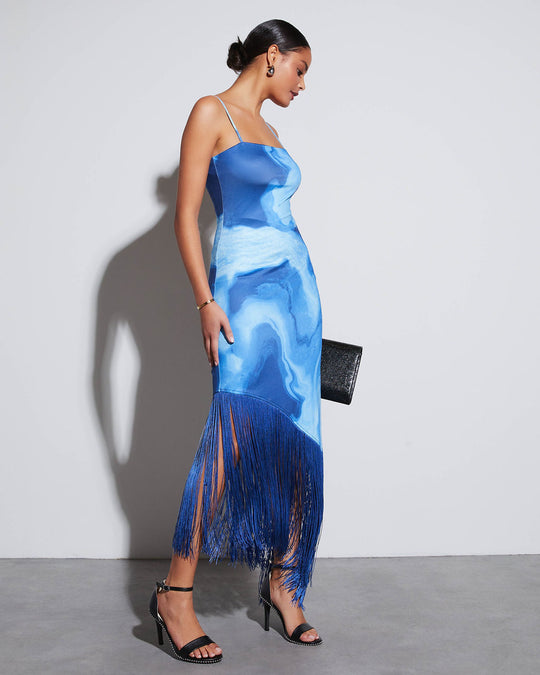 Blue Multi % Mckenzie Asymmetrical Fringe Hem Midi Dress-2