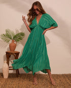 Green % Haylee Flowy Metallic Stitch Midi Dress-1