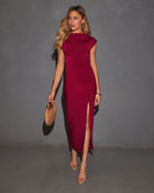 Merlot % Elisabeth Mock Neck Side Slit Ruched Midi Dress-1