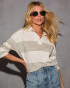 Grey/White % Alena Striped Quarter Button Top-1