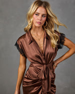 Netta Satin Lace Trim Waist Tie Midi Shirt Dress