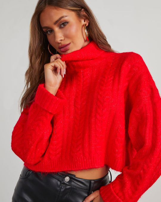 Red % Georgie Cable Knit Turtleneck Pullover Sweater-1