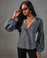 Apple Picking Denim Balloon Sleeve Blouse