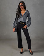Apple Picking Denim Balloon Sleeve Blouse