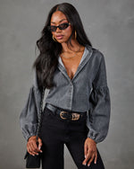 Apple Picking Denim Balloon Sleeve Blouse