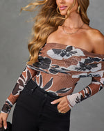 Brown floral mesh off-shoulder long sleeve bodysuit with black jeans, women's fashion editorial