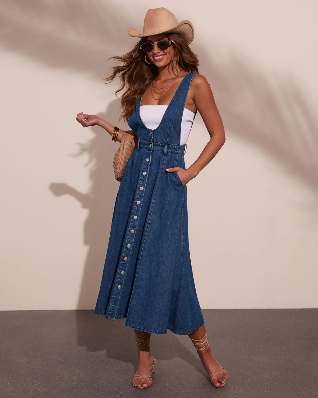 lorenza midi dress in dusty blue Western Indigo Denim Overall Maxi Dress in Indigo