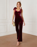 Burgundy % Logan Velvet Shoulder Tie Jumpsuit-5