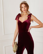 Burgundy % Logan Velvet Shoulder Tie Jumpsuit-2