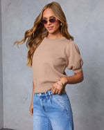 Tan % Livia Puff Sleeve Knit Sweater Top-3