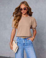 Tan % Livia Puff Sleeve Knit Sweater Top-5