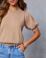 Tan % Livia Puff Sleeve Knit Sweater Top-6