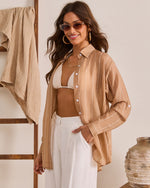 Taupe % Coastal Charmer Striped Button Down Top-3