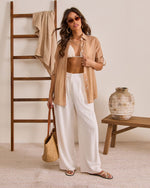 Taupe % Coastal Charmer Striped Button Down Top-1