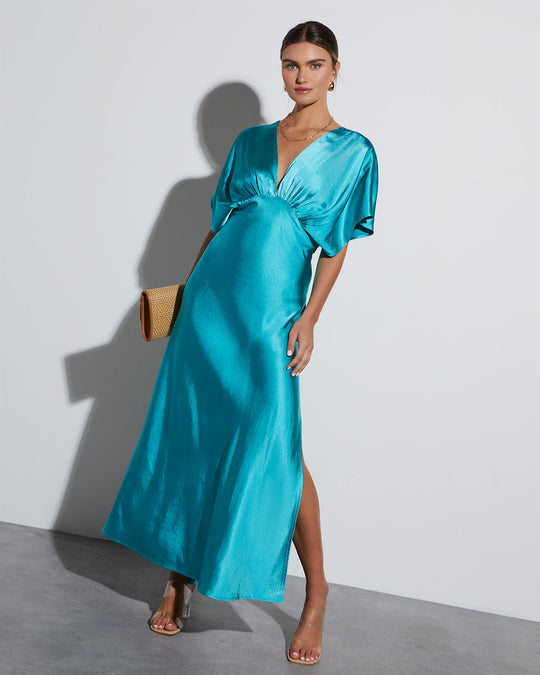 Blue % Theia Satin V-Neck Maxi Dress-1