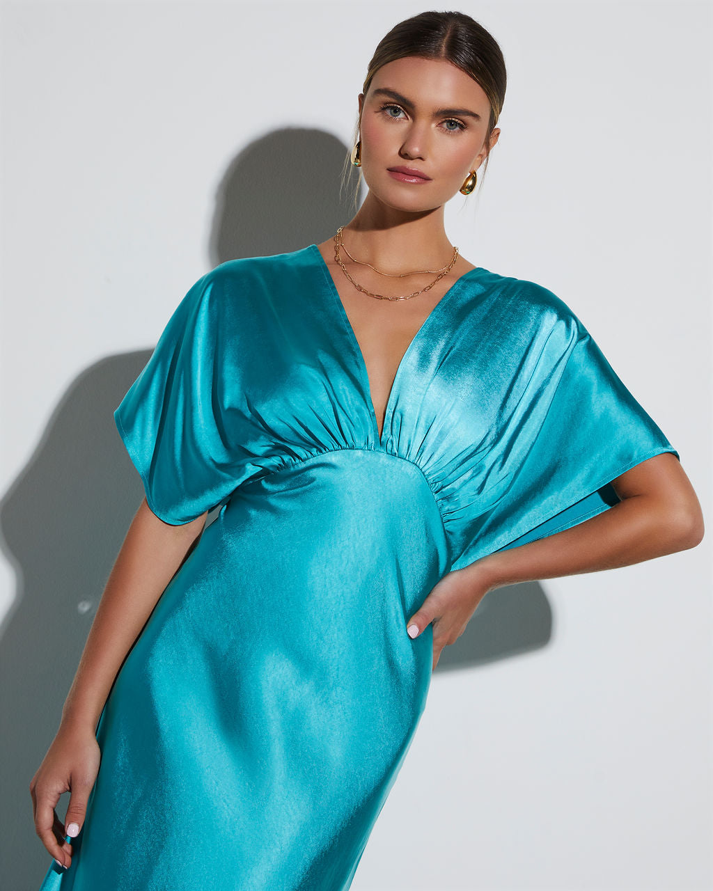 theia v neck satin dress Theia Satin V-Neck Maxi Dress VICI