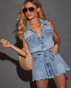 Casual Times Tie Waist Frayed Hem Denim Romper