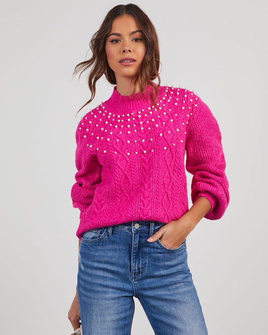 Plus Size Faux Pearl Embellished Mock Neck Sweater