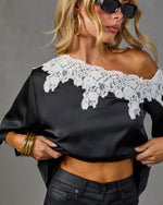 Howell Satin Lace Trim Off the Shoulder Blouse