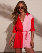 Soft Pink/Orange % Laine Waist Tie Colorblock Romper-1