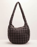 Quilted puffer hobo shoulder bag in dark taupe nylon with grid stitching and zip closure