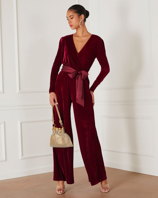 Wine % Love One Another Velvet Pocketed Cutout Back Jumpsuit-3