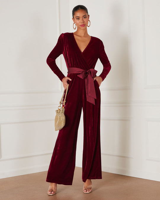Wine % Love One Another Velvet Pocketed Cutout Back Jumpsuit-1