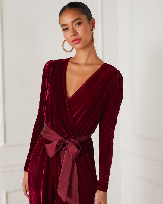 Wine % Love One Another Velvet Pocketed Cutout Back Jumpsuit-4