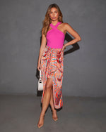 Multi % Imogen Satin Printed Tie Front Midi Skirt-7